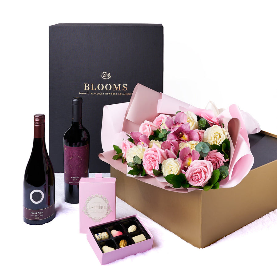 Lush Rose & Orchid Box Gift Set, the beauty of pink and white roses and orchids, carefully wrapped in floral paper and paired with two bottles of wine, a box of chocolate truffles, Floral Gifts from Vancouver Blooms - Same Day Vancouver Delivery.