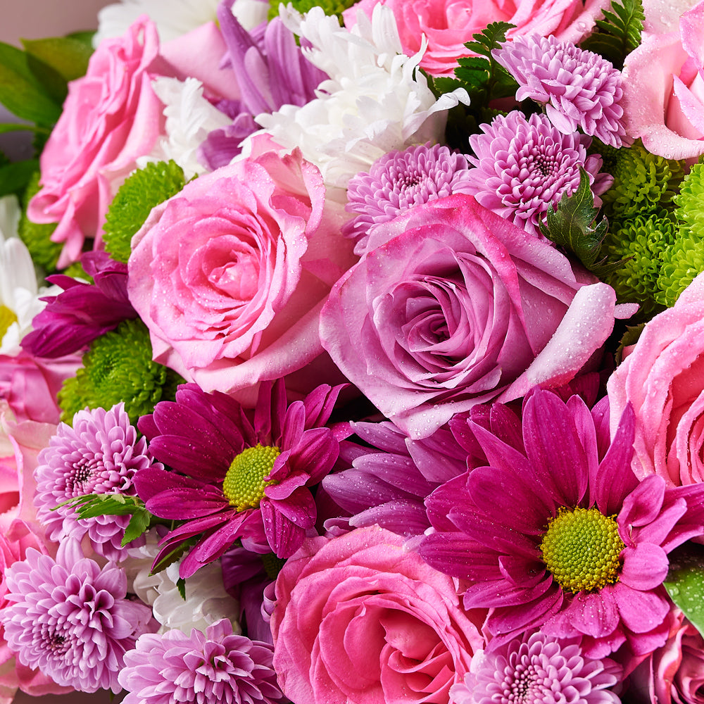 Pink & Purple Mixed Daisy Bouquet, a selection of pink and purple roses, daisies, and greens gathered into a floral wrap and tied with ribbon, Floral Gifts from Vancouver Blooms - Same Day Vancouver Delivery.