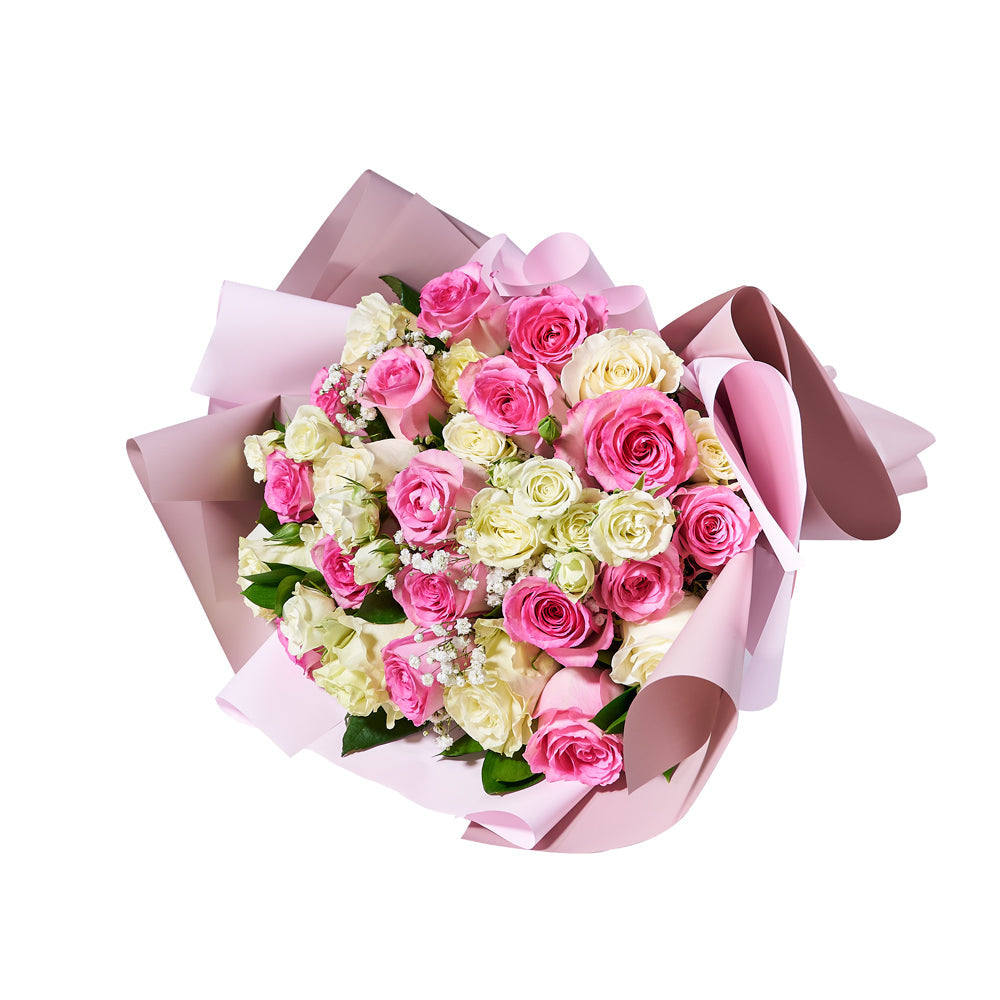 Sublime Pink & White Rose Bouquet, This beautiful bouquet has pink and white roses, greens, and baby's breath gathered into a floral wrap and tied with designer ribbon, Floral Gifts from Vancouver Blooms - Same Day Vancouver Delivery.