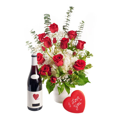 Rose and Hydrangea Vase with Wine - Wine Gift Set - Same Day Vancouver Delivery