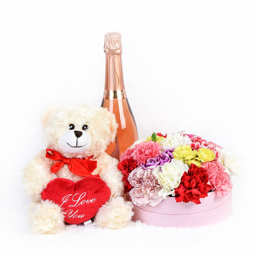 "Be Mine Forever" Flowers &amp; Champagne Gift, Carnation Box Arrangement with plush and bear, from Vancouver Blooms - Same Day Vancouver Delivery.
