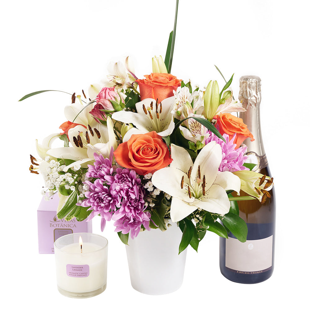 Beautifully Fragrant Flowers & Champagne Gift, Mixed Flowers wtih Champagne and Candle, from Vancouver Blooms - Same Day Vancouver Delivery.