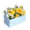 Yellow and white mixed floral arrangement in a blue toolbox. Same Day Vancouver Delivery