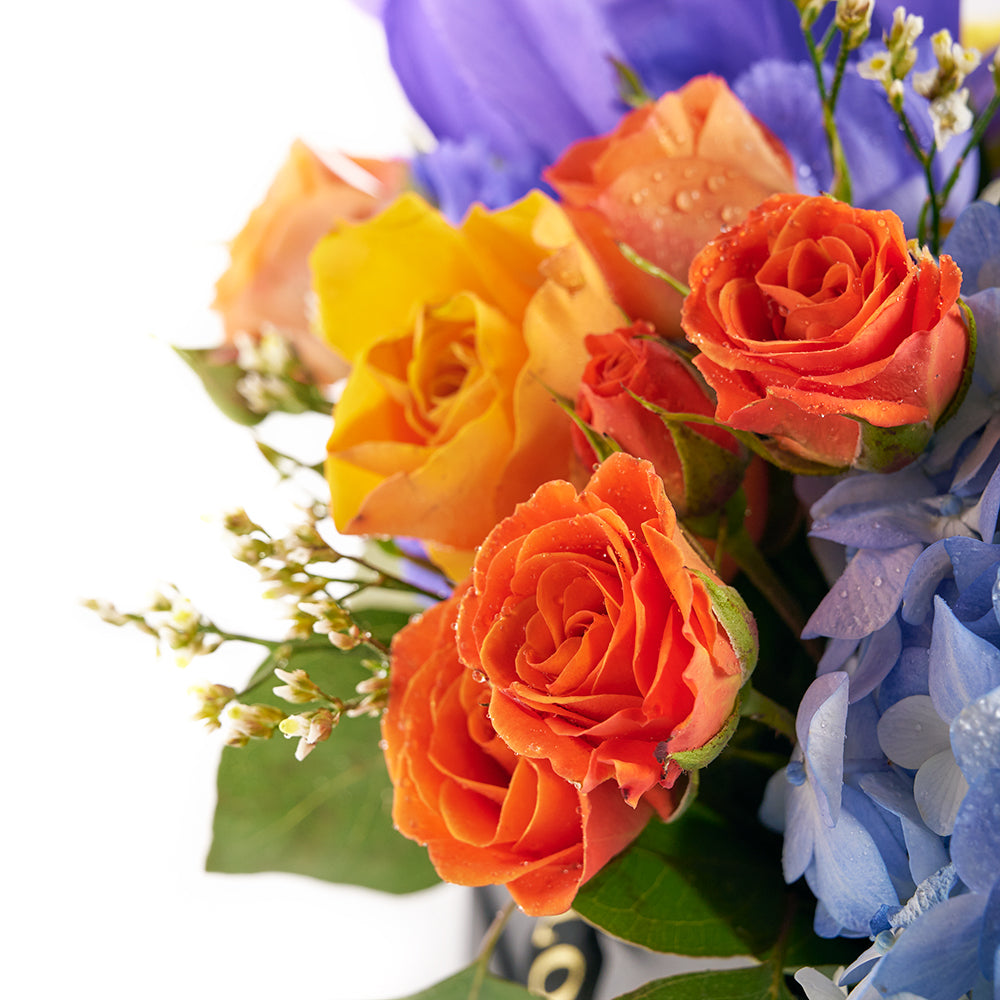 Iris and mixed floral box arrangement. Same Day Vancouver Delivery