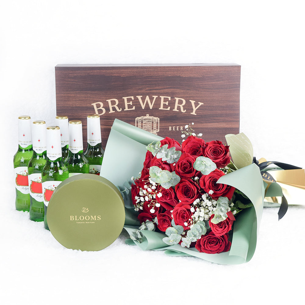 Cheers To A Milestone! Flowers &amp; Beer Gift, Mixed Flowers Bouquet with Chocolate and Beers, from Vancouver Blooms - Same Day Vancouver Delivery.