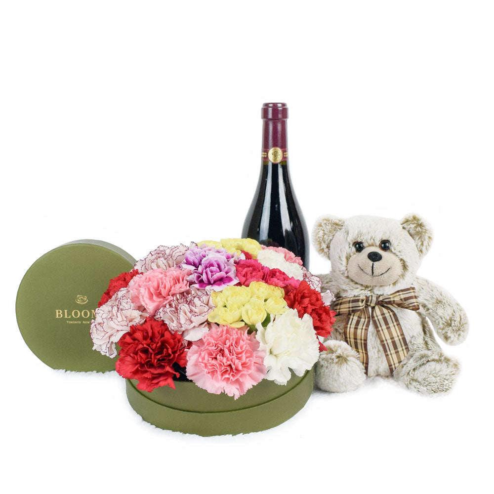 Carnation Box Arrangement With Wine, Plush and Chocolates - Wine Gift Set - Same Day Vancouver Delivery