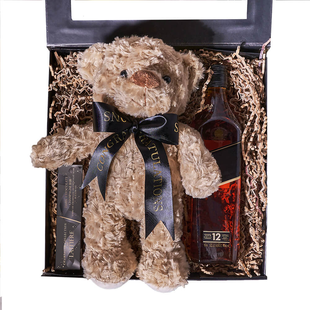 Celebratory Graduation &amp; Spirits Gift, Liquor with plush bear gift from Vancouver Blooms - Same Day Vancouver Delivery.