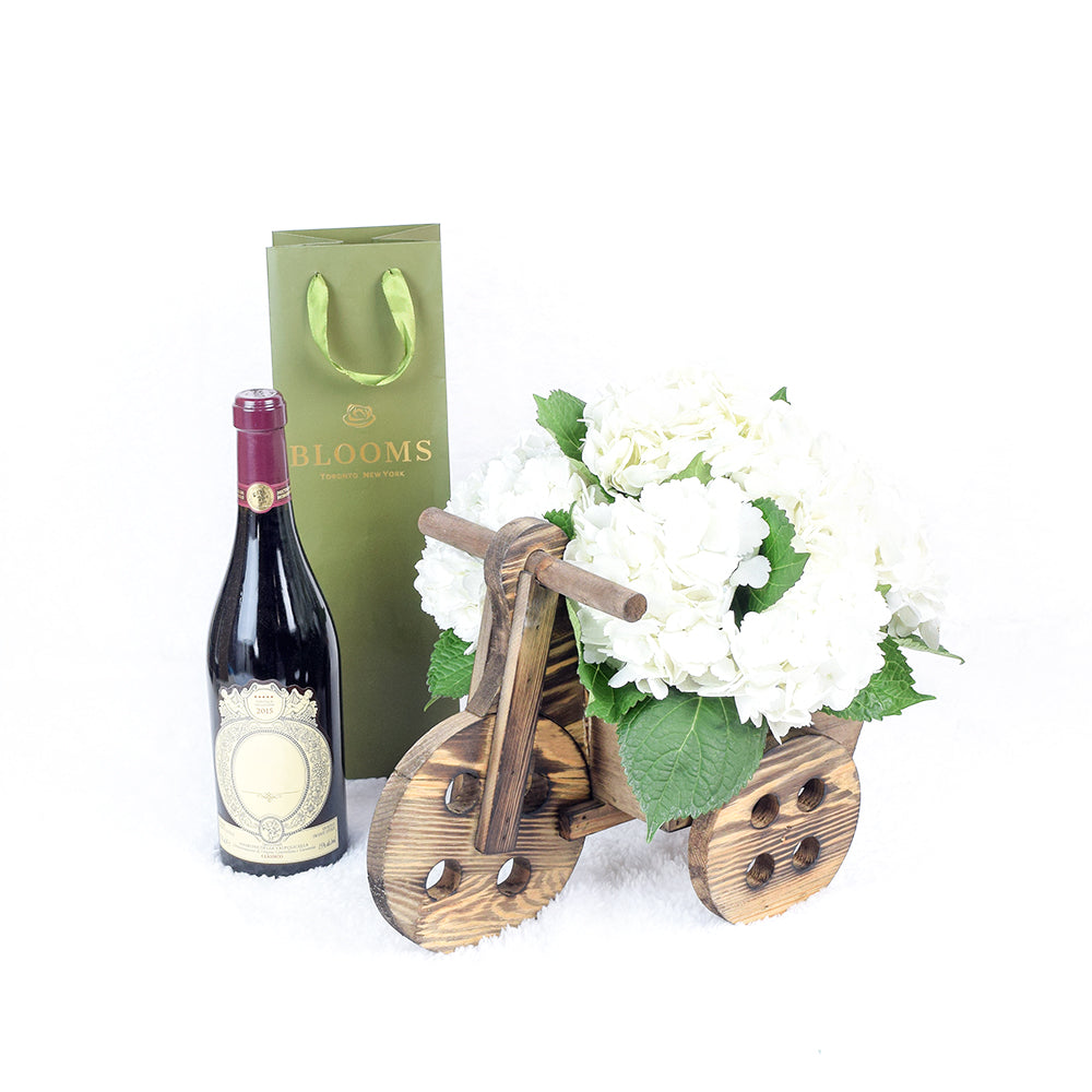 Charming Garden Party Flowers &amp; Wine Gift, Wine with Hydrangea in a cart flower arrangement, from Vancouver Blooms - Same Day Vancouver Delivery.