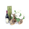 Charming Garden Party Flowers & Wine Gift, Wine with Hydrangea in a cart flower arrangement, from Vancouver Blooms - Same Day Vancouver Delivery.
