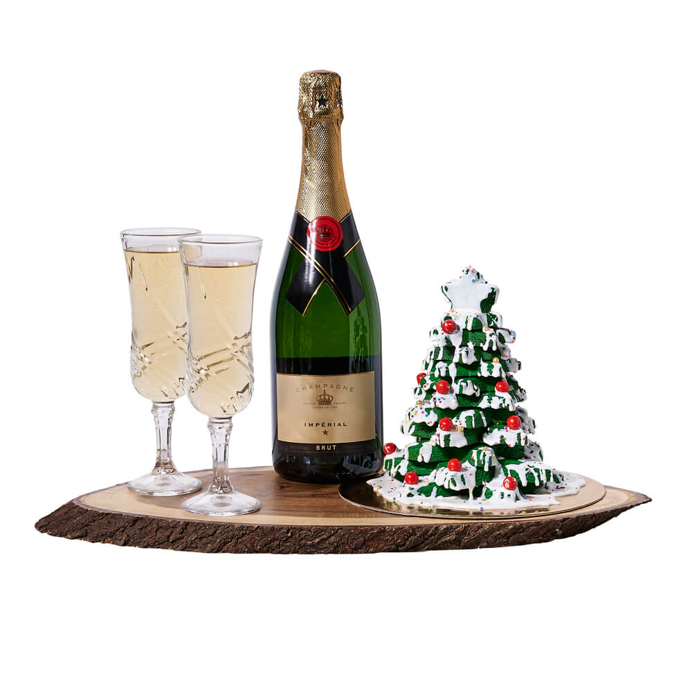 Christmas Champagne &amp; Cookie Gift, sparkling wine, two champagne flutes for serving, a playful Christmas cookie tower, and a live-edge serving board, Holiday Gifts from Vancouver Blooms - Same Day Vancouver Delivery.