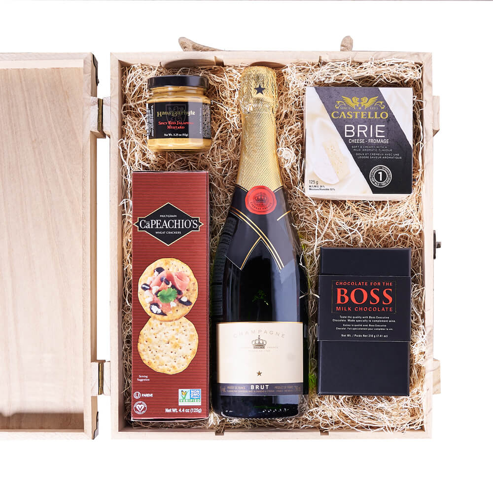 Christmas Snack &amp; Champagne Box, bottle of sparkling wine, creamy brie cheese, milk chocolate, spicy red jalapeno mustard, crackers, and a wooden gift box for an elegant presentation and easy storage, Holiday Gifts from Vancouver Blooms - Same Day Vancouver Delivery.