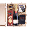 Christmas Snack & Champagne Box, bottle of sparkling wine, creamy brie cheese, milk chocolate, spicy red jalapeno mustard, crackers, and a wooden gift box for an elegant presentation and easy storage, Holiday Gifts from Vancouver Blooms - Same Day Vancouver Delivery.
