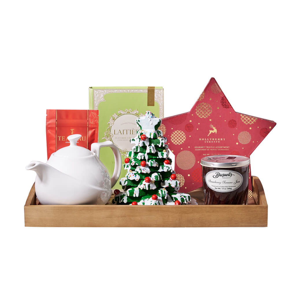 Christmas Tree Cookie &amp; Treat Tray, holiday star chocolate box, a handmade Christmas tree cookie tower, a box of chocolate bars, warm cinnamon tea, strawberry serrano jam, a classic teapot, and a wooden serving tray, Holiday Gifts from Vancouver Blooms - Same Day Vancouver Delivery.