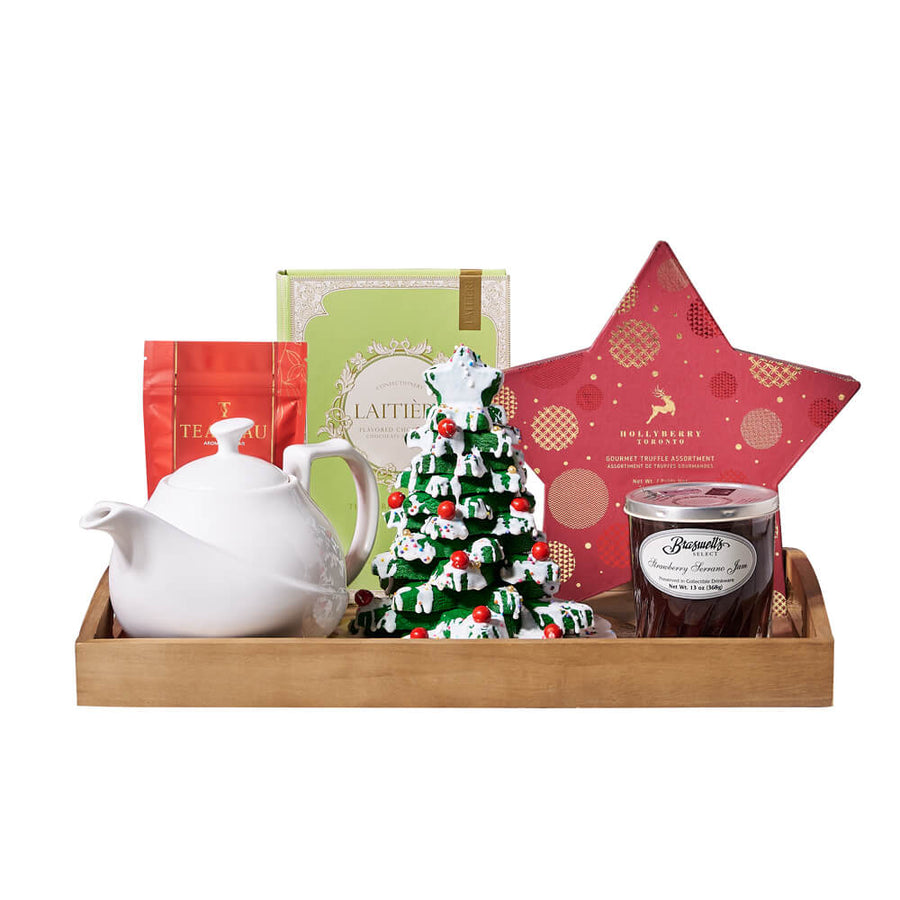 Christmas Tree Cookie & Treat Tray, holiday star chocolate box, a handmade Christmas tree cookie tower, a box of chocolate bars, warm cinnamon tea, strawberry serrano jam, a classic teapot, and a wooden serving tray, Holiday Gifts from Vancouver Blooms - Same Day Vancouver Delivery.