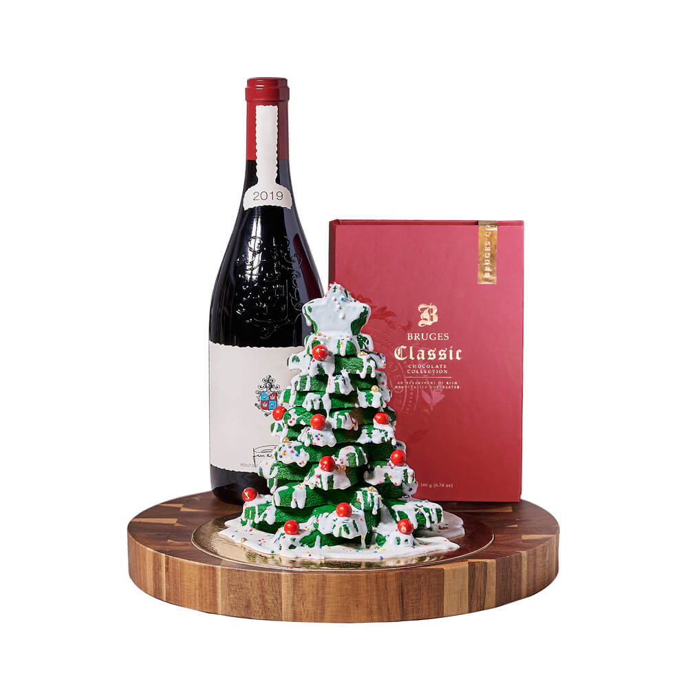 Christmas Tree &amp; Wine Holiday Gift, bottle of wine, a handmade Christmas tree cookie tower, a box of chocolate bars, and an end-grain cutting board, Holiday Gifts from Vancouver Blooms - Same Day Vancouver Delivery.