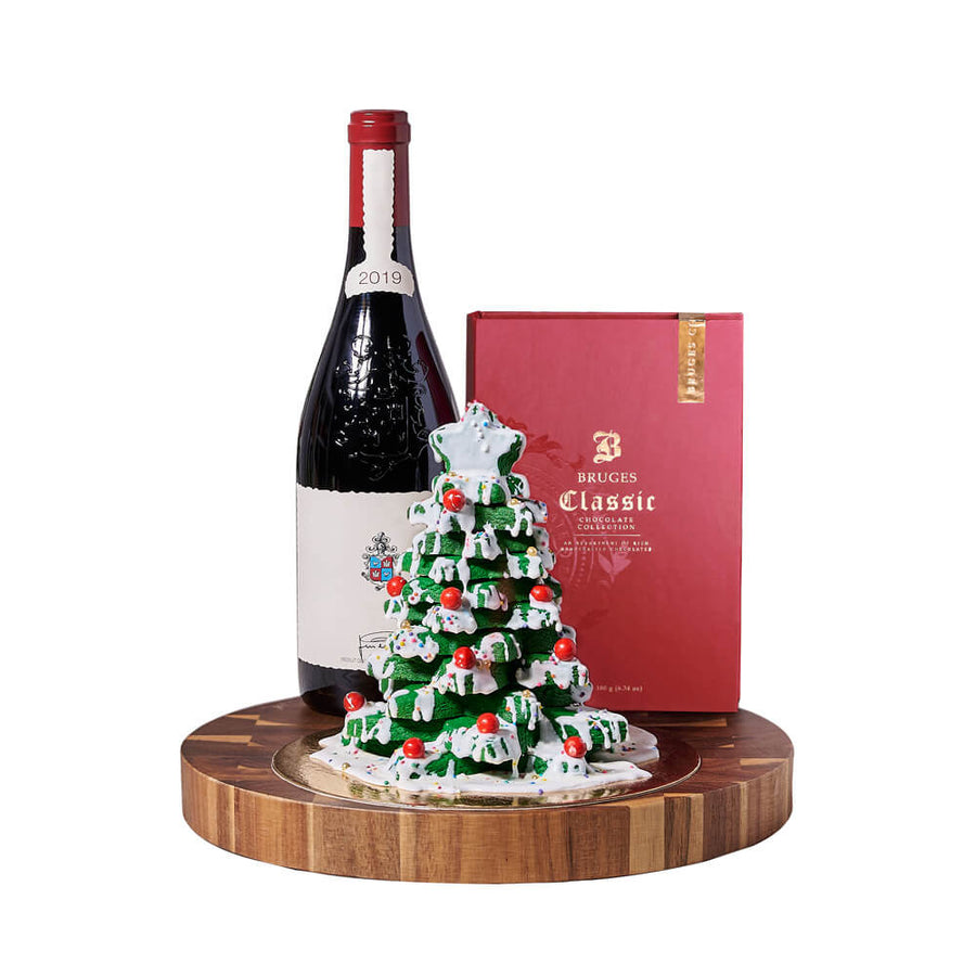 Christmas Tree & Wine Holiday Gift, bottle of wine, a handmade Christmas tree cookie tower, a box of chocolate bars, and an end-grain cutting board, Holiday Gifts from Vancouver Blooms - Same Day Vancouver Delivery.