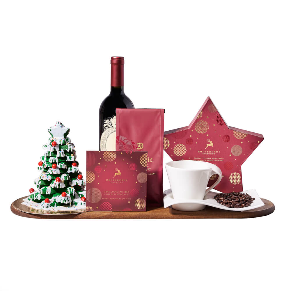 Comforting Christmas Coffee &amp; Wine Gift, bottle of wine, a holiday star box of chocolate truffles, a handmade Christmas tree cookie tower, a bag of coffee, a dark chocolate bar, a ceramic cup and saucer, and a wooden serving board, Holiday Gifts from Vancouver Blooms - Same Day Vancouver Delivery.