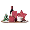 Comforting Christmas Coffee & Wine Gift, bottle of wine, a holiday star box of chocolate truffles, a handmade Christmas tree cookie tower, a bag of coffee, a dark chocolate bar, a ceramic cup and saucer, and a wooden serving board, Holiday Gifts from Vancouver Blooms - Same Day Vancouver Delivery.
