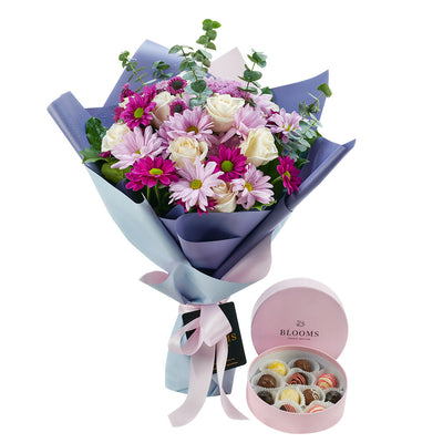 Mixed lavender floral gift set with chocolates. Same Day Vancouver Delivery.