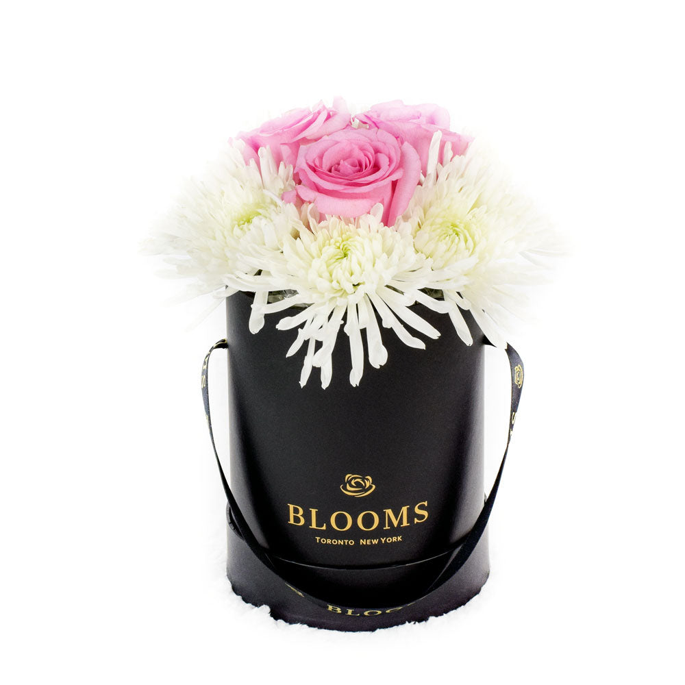 Simplistic Elegance Rose and Mum's Box Arrangement - Mixed Floral Hat Box - Same Day Vancouver Delivery