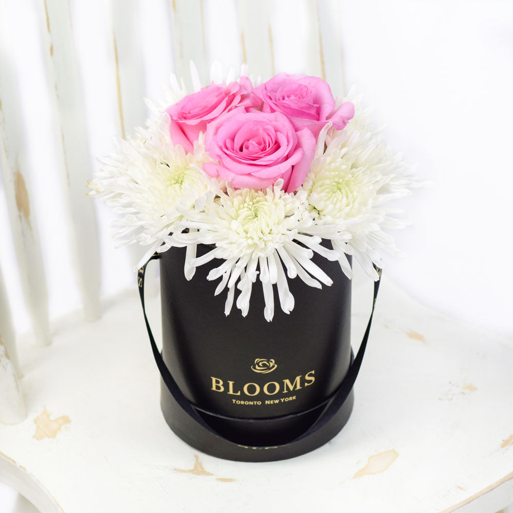 Simplistic Elegance Rose and Mum's Box Arrangement - Mixed Floral Hat Box - Same Day Vancouver Delivery