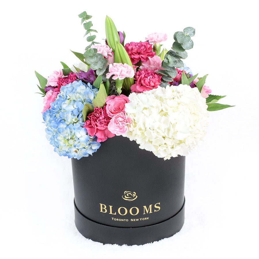 Pastel Floral Box Arrangement, Floral Gifts, Mother's Day Gift Baskets, Mixed Floral Hat Box, Mixed Floral Arrangement, Vancouver Same Day Delivery