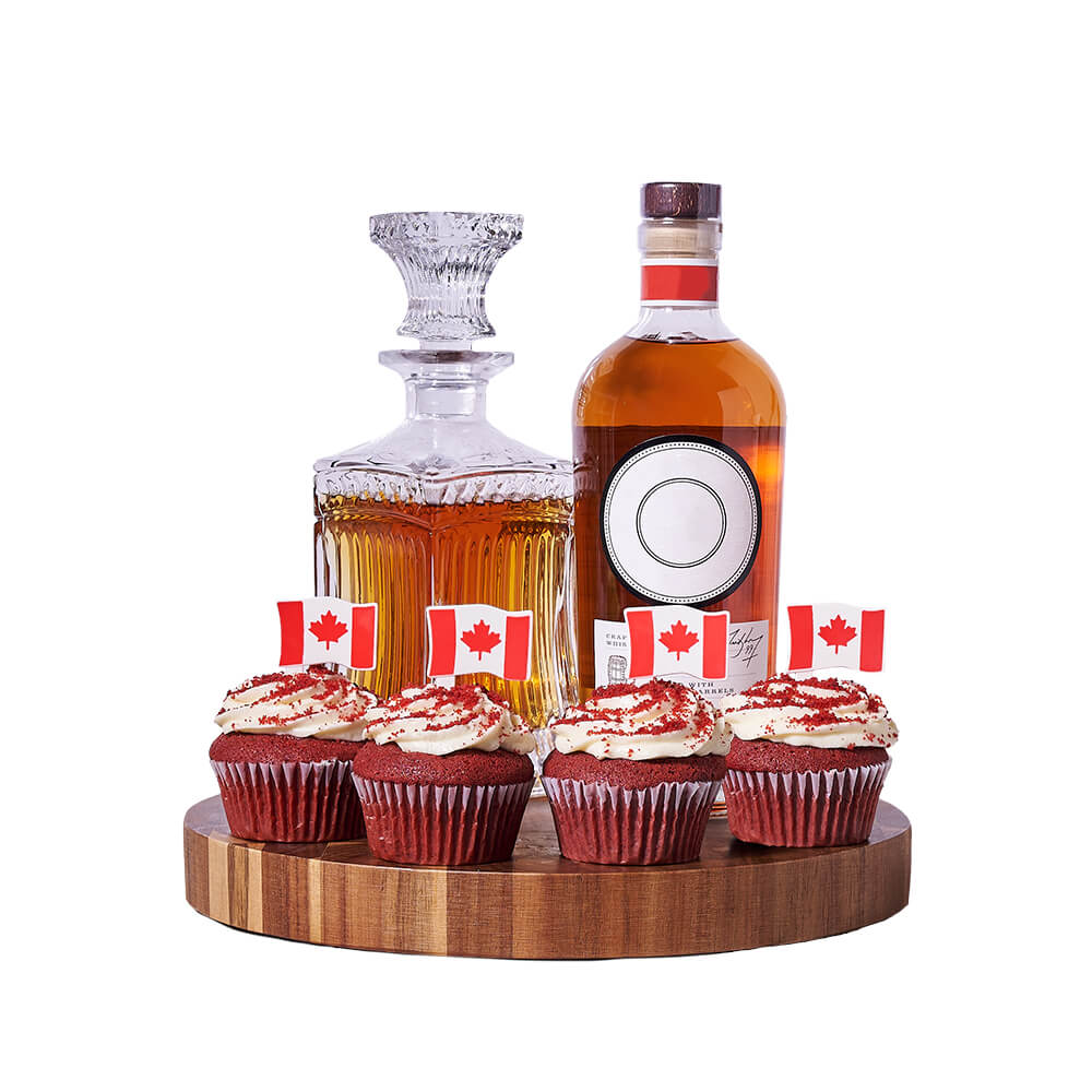 Decanter &amp; Cupcake Canada Day Gift, canada day gift, canada day, gourmet gift, gourmet, liquor gift, liquor, cake gift, cake. Blooms Vancouver- Blooms Vancouver Delivery