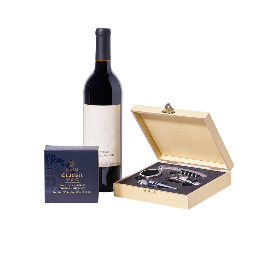 Enchanting Wine & Chocolate Gift, bottle of wine, a box of chocolate truffles, and a set of wine tools for opening, serving, and storing wine, Gourmet Gifts from Vancouver Blooms - Same Day Vancouver Delivery.