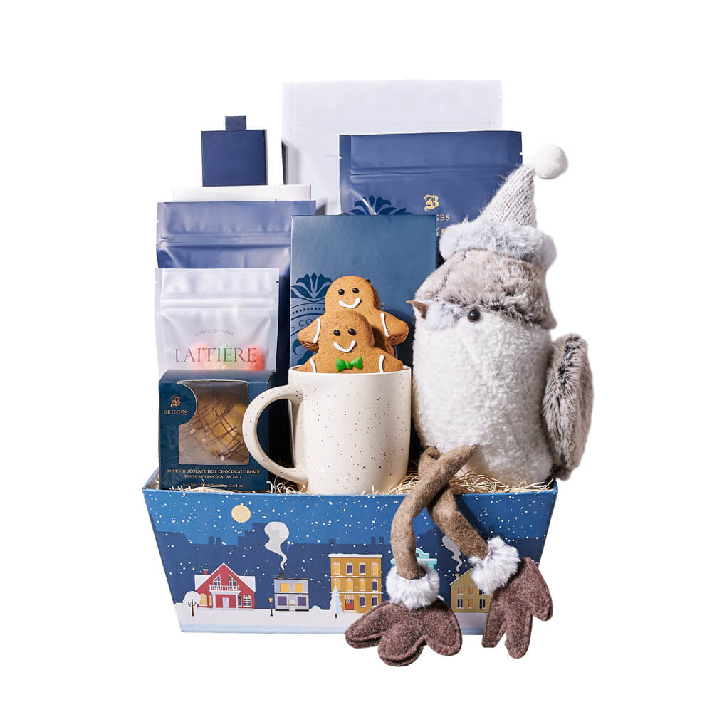 Festive Sparrow & Sweet Treat Gift, adorable holiday plush bird, two gingerbread cookies, dark chocolate chip shortbread cookies, a hot chocolate bomb, hot chocolate, sour gummy bears, a white chocolate bar, white chocolate caramel pretzel popcorn with pecans, dark chocolate-covered coffee beans, dark chocolate truffles, a speckled mug, and a holiday tray for elegant presentation, Hoiday Gifts from Vancouver Blooms - Same Day Vancouver Delivery.