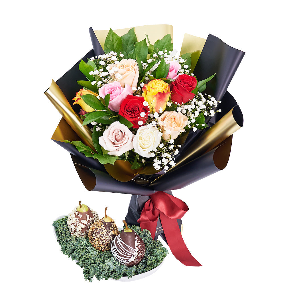 Fragrant &amp; Fresh Floral Gourmet Gift Set, Mixed Roses Bouquet with Chocolate Dipped Pears, from Vancouver Blooms - Same Day Vancouver Delivery.