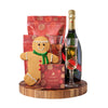 Gingerbread Man & Holiday Champagne Gift, bottle of sparkling wine, a beautiful pair of champagne flutes, a hand-decorated gingerbread cookie, chocolate truffles, white chocolate cranberry pistachio bark, white chocolate peppermint popcorn, and an end-grain cutting board for elegant serving, Holiday Gifts from Vancouver Blooms - Same Day Vancouver Delivery.