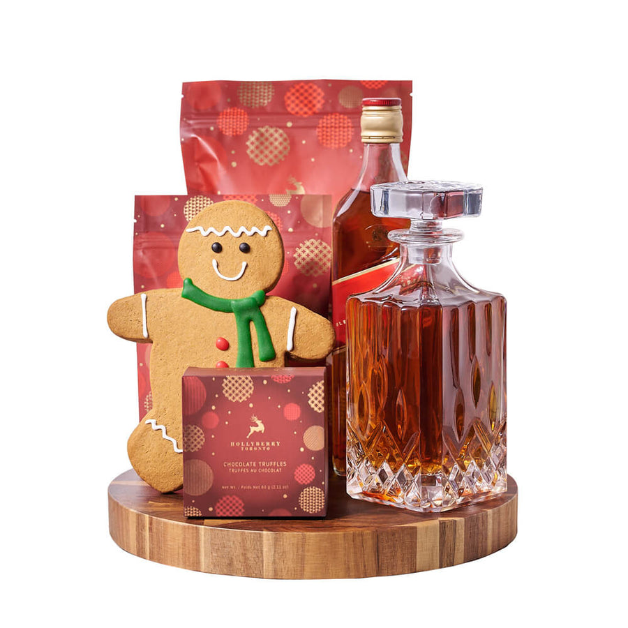 Gingerbread Man & Holiday Decanter Gift, bottle of liquor, a beautiful glass decanter, a hand-decorated gingerbread cookie, chocolate truffles, white chocolate cranberry pistachio bark, white chocolate peppermint popcorn, and an end-grain cutting board for serving, Holiday Gifts from Vancouver Blooms - Same Day Vancouver Delivery.