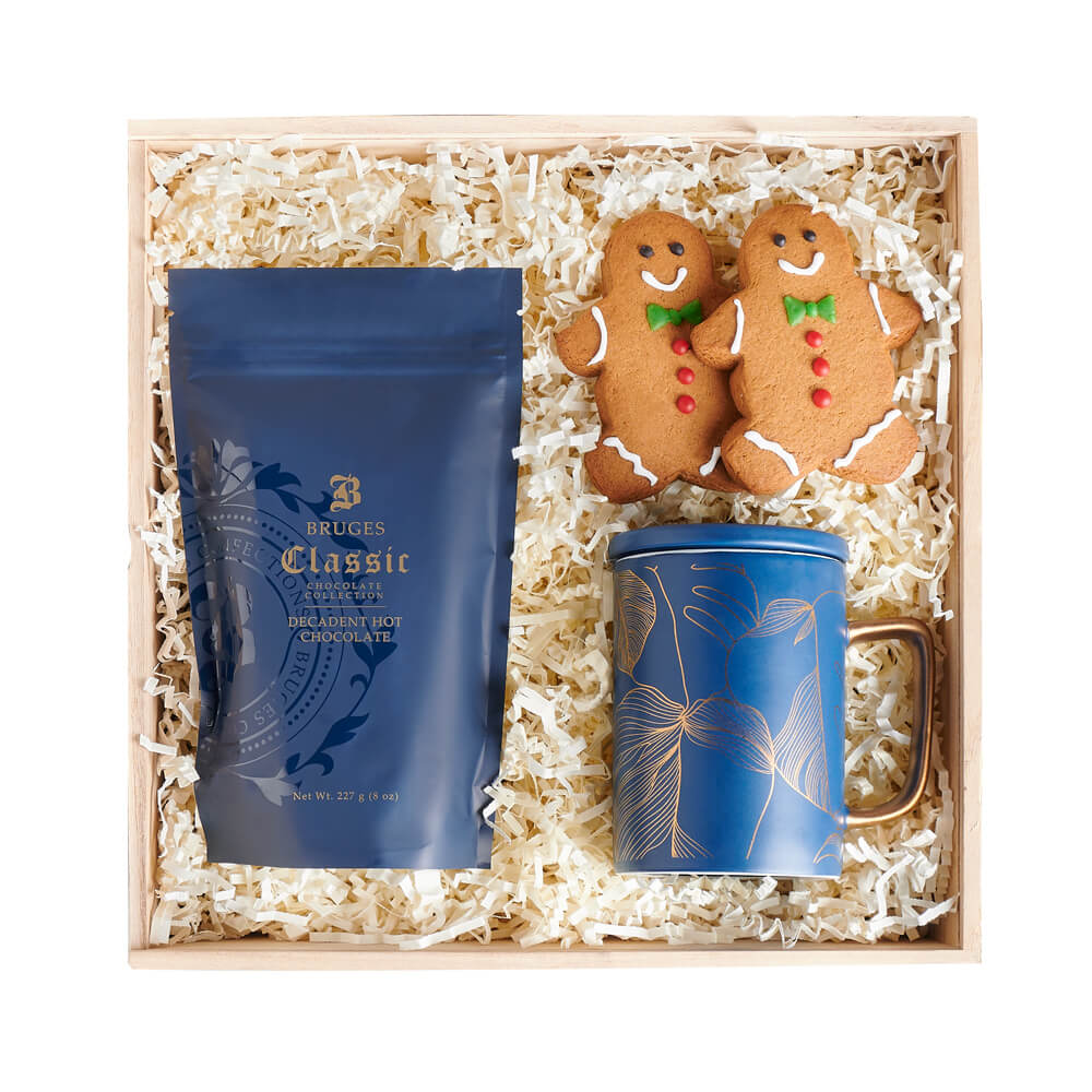 Gingerbread & Cocoa Gift Box, decadent hot chocolate, handmade gingerbread cookies, a blue & gold mug, and a wooden gift box for elegant presentation and convenient storage, Gourmet Gifts from Vancouver Blooms - Same Day Vancouver Delivery.