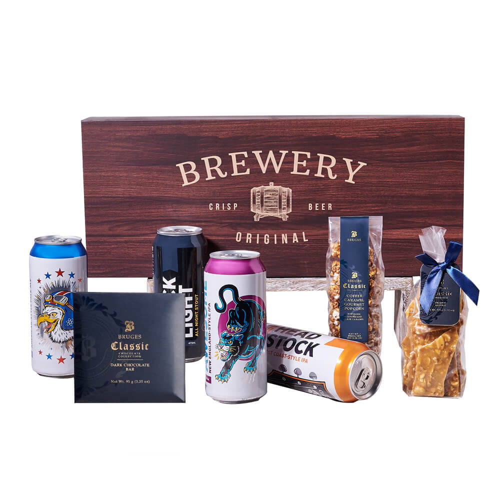 Gourmet Craft Beer &amp; Dessert Gift Box, four craft beers, crunchy peanut brittle, coffee caramel gourmet popcorn, a bar of dark chocolate, and a stylish beverage box for both display and storage, Gourmet Gifts from Vancouver Blooms - Same Day Vancouver Delivery.