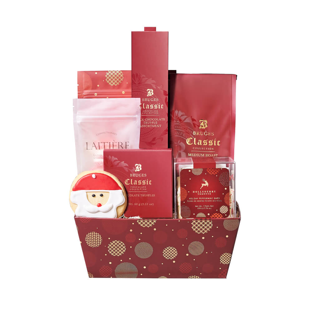 Holiday Coffee Break Gift, coffee, peppermint bark, chocolate truffles, milk chocolate truffles, cherry cream gummy rings, white chocolate cranberry shortbread cookies, a hand-decorated Santa cookie, and a holiday tray for elegant presentation, Holiday Gifts from Vancouver Blooms - Same Day Vancouver Delivery.