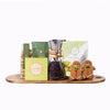 Holiday Cookie & Coffee Gift Set, white chocolate caramel gourmet popcorn, coffee, matcha green tea cookies, two gingerbread cookies, milk chocolate, a pour-over coffee carafe, and a long wooden serving board for an elegant presentation, Holiday Gifts from Vancouver Blooms - Same Day Vancouver Delivery.