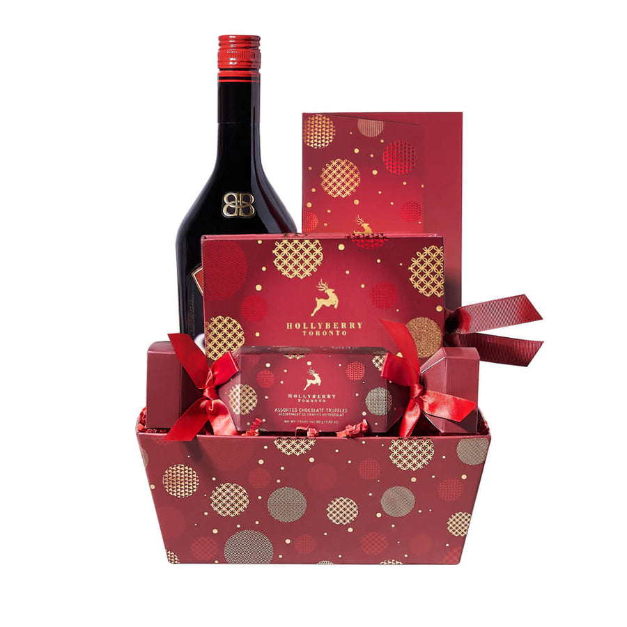Holiday Liquor & Truffle Gift Tray, chocolates in a Christmas cracker box, a decadent chocolate bar, a square box of assorted chocolates that are indulgent to the last bite, a bottle of liquor, and a gift tray for elegant presentation and display, Holiday Gifts from Vancouver Blooms - Same Day Vancouver Delivery.
