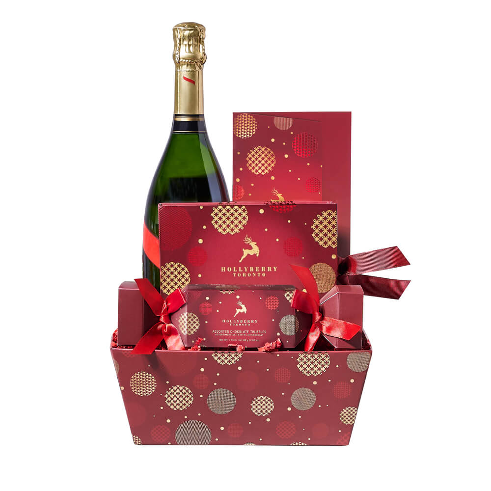 Holiday Sparkling Wine &amp; Truffle Gift Tray, chocolates in a Christmas cracker box, a rich chocolate bar, a square box of assorted chocolates that are indulgent to the last bite, a bottle of sparkling wine, and a gift tray for a stylish presentation and display, Holiday Gifts from Vancouver Blooms - Same Day Vancouver Delivery.