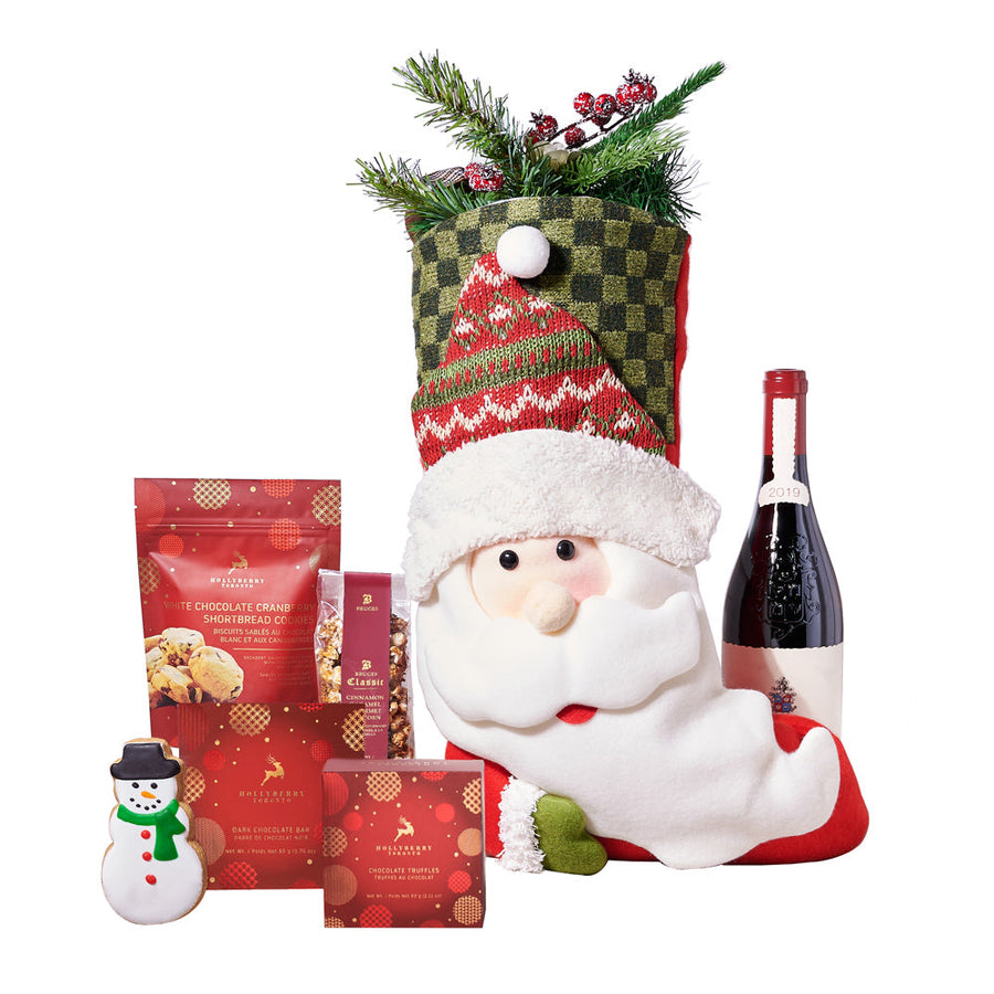 Holiday Stocking Wine Gift Set, bottle of wine, a Santa-themed stocking, chocolate truffles, cinnamon caramel gourmet popcorn, white chocolate cranberry shortbread cookies, a hand-decorated snowman cookie, and a bar of indulgent dark chocolate, Holiday Gifts from Vancouver Blooms - Same Day Vancouver Delivery.
