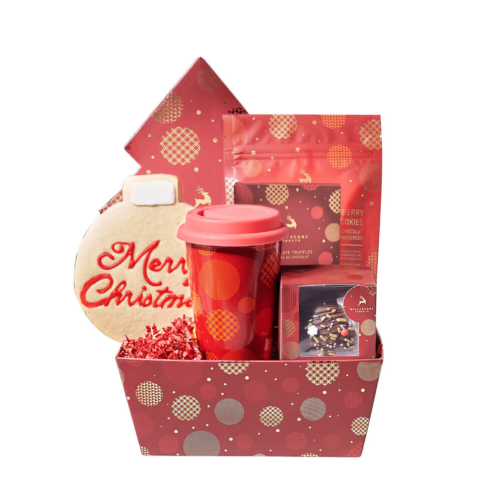 Holiday Travel &amp; Chocolate Gift, gourmet chocolate truffles, a Christmas tree box of chocolates, a hot chocolate bomb, white chocolate cranberry shortbread cookies, a hand-decorated cookie with a "Merry Christmas" message, a red travel cup for enjoying hot beverages on the go, and a holiday gift tray, Holiday Gifts from Vancouver Blooms - Same Day Vancouver Delivery.