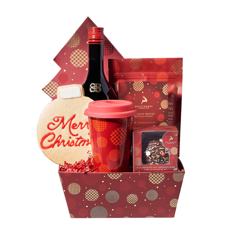 Holiday Travel &amp; Liquor Gift, bottle of liquor, a box of Christmas tree chocolate truffles, white chocolate cranberry shortbread cookies, a hand-decorated Christmas cookie, a red travel mug, and a red market tray for stylish display and presentation, Holiday Gifts from Vancouver Blooms - Same Day Vancouver Delivery.