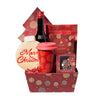 Holiday Travel & Liquor Gift, bottle of liquor, a box of Christmas tree chocolate truffles, white chocolate cranberry shortbread cookies, a hand-decorated Christmas cookie, a red travel mug, and a red market tray for stylish display and presentation, Holiday Gifts from Vancouver Blooms - Same Day Vancouver Delivery.