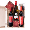Holiday Wine Trio & Treat Gift Box, three bottles of wine, creamy brie cheese, a bar of dark chocolate, holiday-themed chocolate truffles, and a wooden wine gift box. Holiday Gifts from Vancouver Blooms - Same Day Vancouver Delivery.