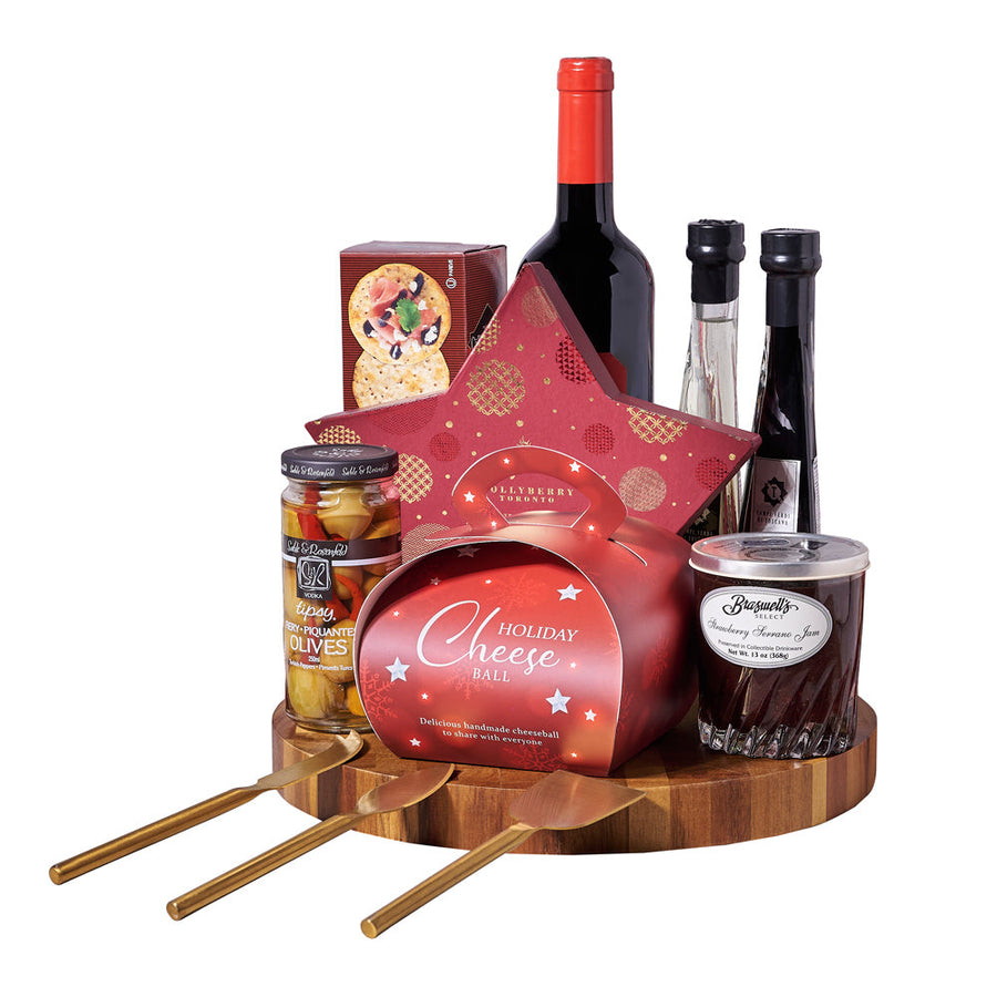 Holiday Wine & Appetizer Gift Set, holiday cheeseball, strawberry serrano jam, extra virgin olive oil, balsamic vinegar, crackers, tipsy fiery olives, a box of holiday chocolate truffles, and a bottle of wine, Holiday Gifts from Vancouver Blooms - Same Day Vancouver Delivery.