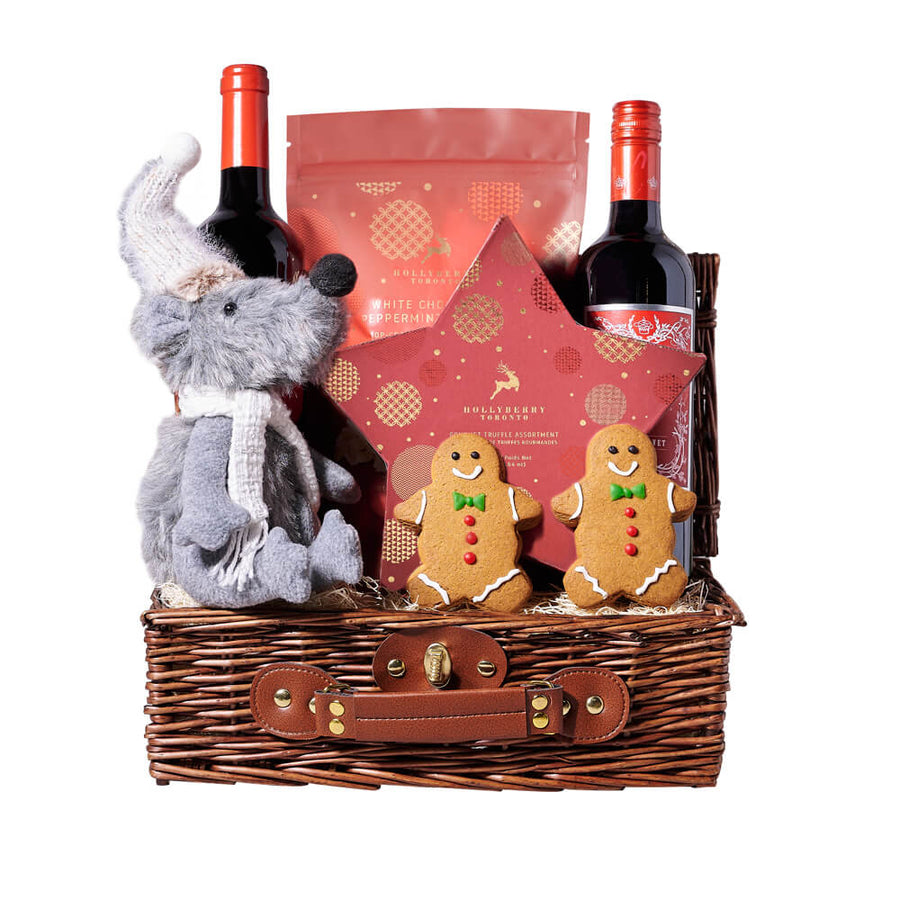Holiday Wine & Gingerbread Men Gift, two gingerbread cookies, two bottles of wine, an adorable plush holiday mouse, a star-shaped box of holiday chocolates, white chocolate peppermint popcorn, and a wicker gift basket for a festive presentation and convenient storage, Holiday Gifts from Vancouver Blooms - Same Day Vancouver Delivery.