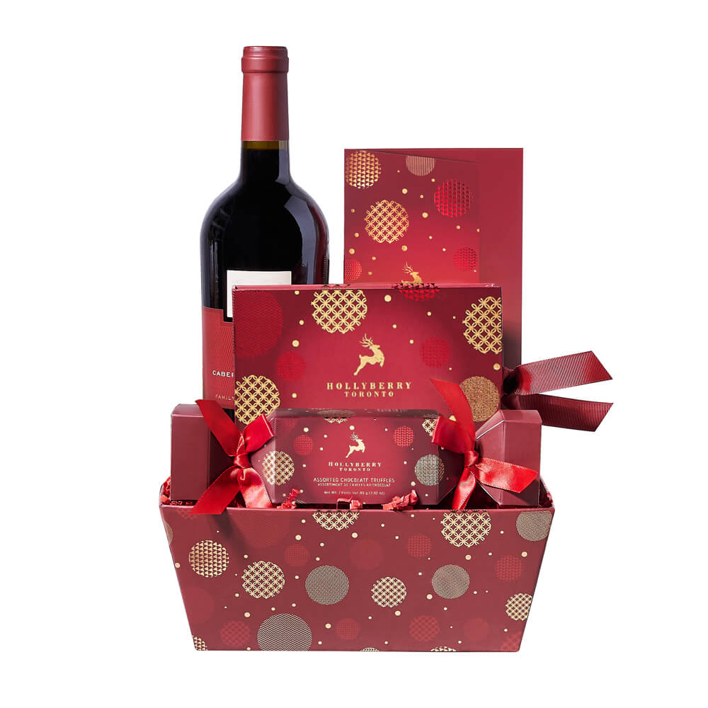 Holiday Wine &amp; Truffle Gift Tray, glass of wine and a piece of decadent chocolate, Holiday Gifts from Vancouver Blooms - Same Day Vancouver Delivery.