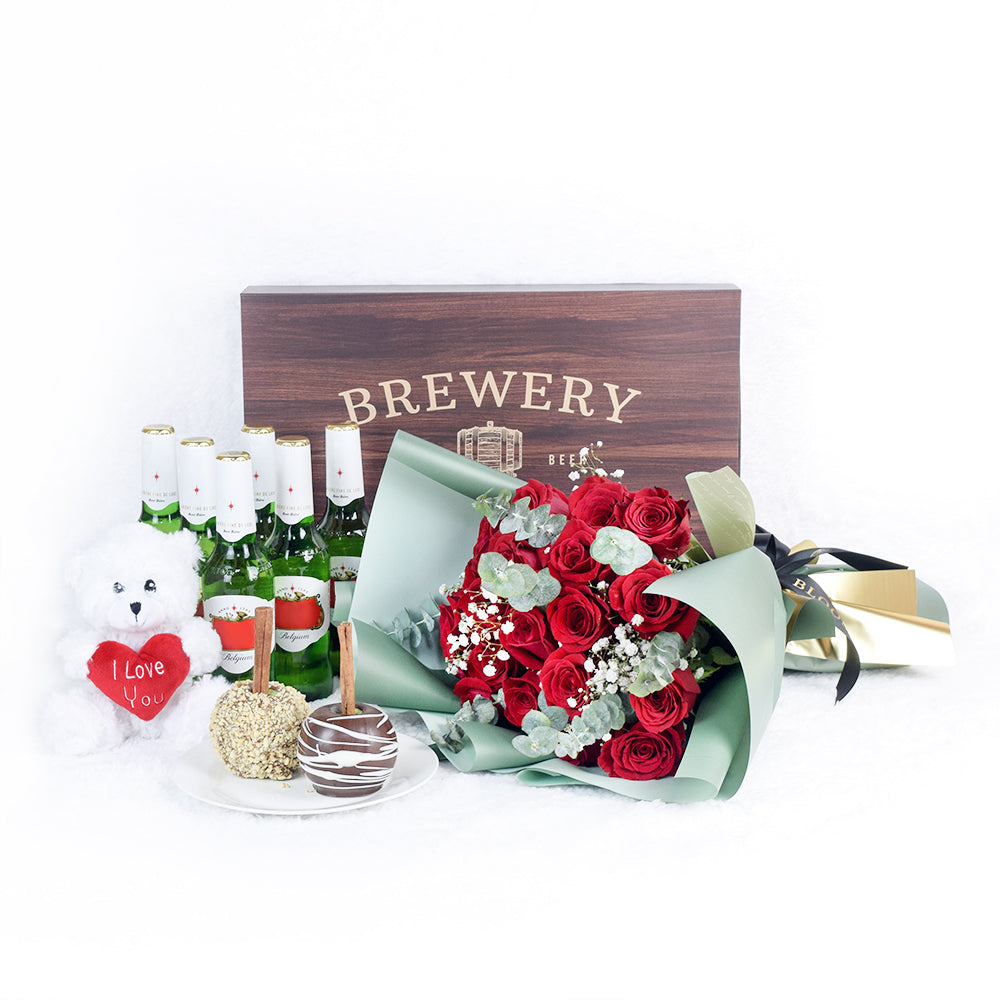 It's  A Fun Surprise! Flowers &amp; Beer Gift, Mixed Rose Bouquet with Plush Bear, Chocolate Dip Apples and Bottle of Beers, from Vancouver Blooms - Same Day Vancouver Delivery.