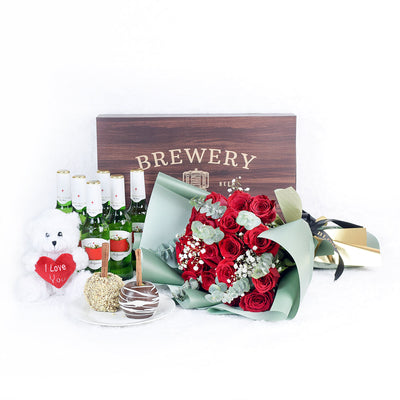 It's  A Fun Surprise! Flowers & Beer Gift, Mixed Rose Bouquet with Plush Bear, Chocolate Dip Apples and Bottle of Beers, from Vancouver Blooms - Same Day Vancouver Delivery.