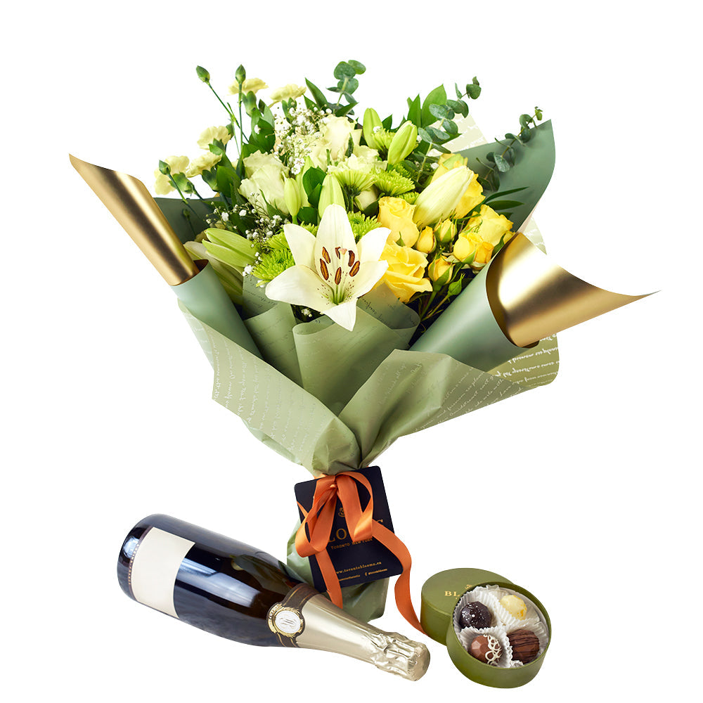 Joyful Renditions Floral Arrangement & Gift Set - Wine Gift Set - Same Day Vancouver Delivery