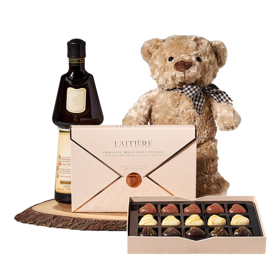 Liquor & Teddy Chocolate Gift, chocolate gift, chocolate, liquor gift, liquor, gourmet gift, gourmet, teddy bear gift, teddy bear, plush gift, plush. Vancouver Delivery